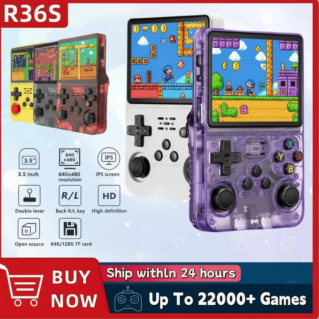 Retro R36S Handheld Video Game Console 3.5 Inch IPS Screen 128GB Preloaded Games Portable Pocket Player Linux System